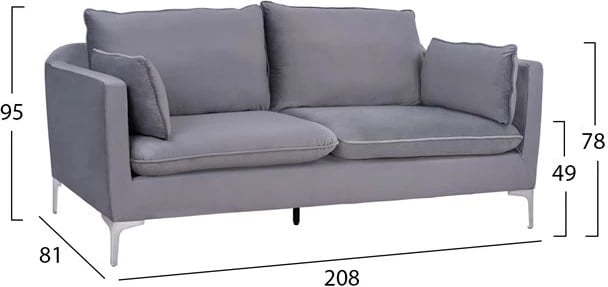 Divan Karen 3 vendësh, kadife gri & këmbë metalike kromi, FH3136.31, 208x81x95 cm