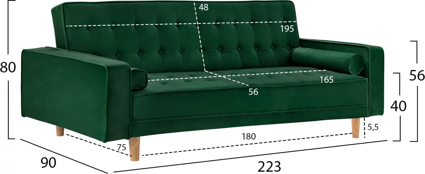 Divan-shtrat Salvador FH3150.13, kadife jeshile, 224x88x84 cm