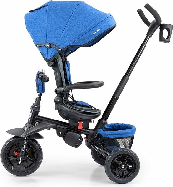 Tricikël me shufër drejtuese, Milly Mally Stanley 6-in-1, sedilje rrotulluese 360°, rrota gome, dorezë shtytëse e rregullueshme, canopy palosës, shportë – blu-zi