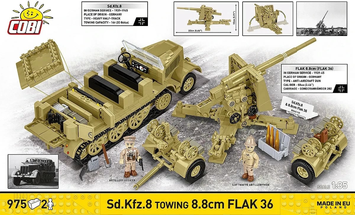 set kockash ndërtimi COBI Sd.Kfz.8 Towing 8.8 cm Flak 36 3143, 975 elemente, shkallë 1:35, 2 figura, ngjyrë rërë