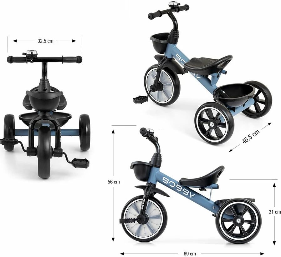 Tricikël fëmijësh, Milly Mally, Bobby, kornizë çeliku, rrota EVA, kambëza të heqshme, 24M+, blu