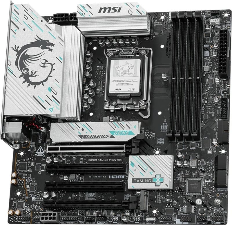 Pllakë amë MSI B860M GAMING PLUS WIFI, LGA1851, DDR5, micro ATX, Wi-Fi 7, E zezë/argjendtë