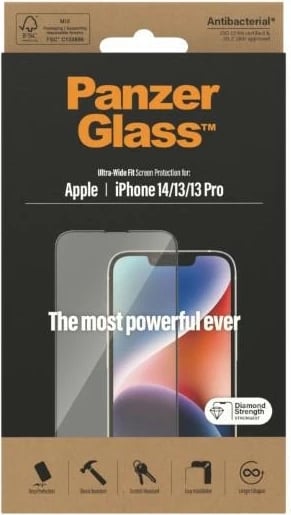 Xham i temperuar PanzerGlass Ultra-Wide Fit për iPhone 14/13 Pro/13, Antibakterial