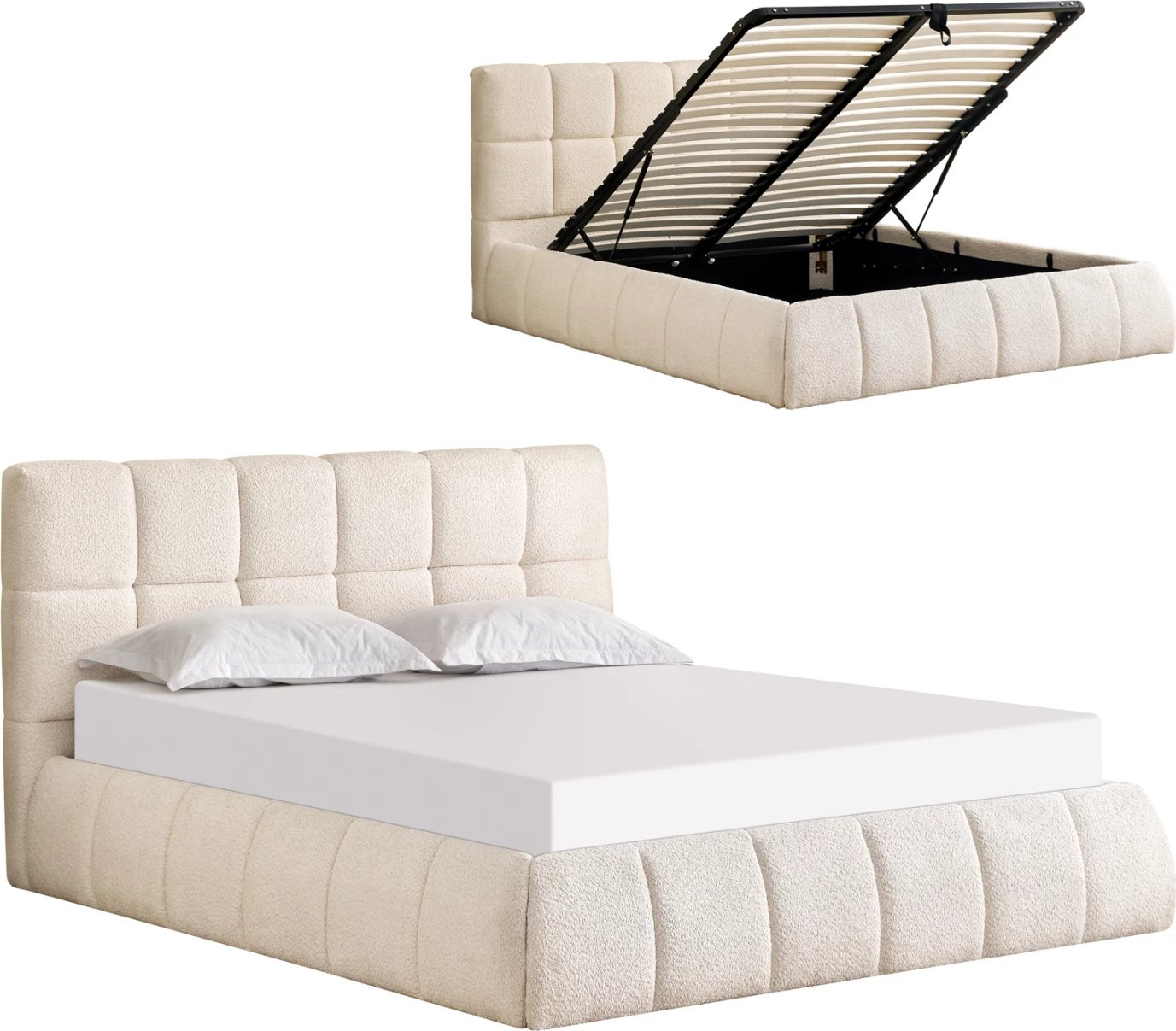 Krevat dopio EDDY, boucle bezhë, me hapësirë për depo, FH731.03, për dyshek 160x200cm