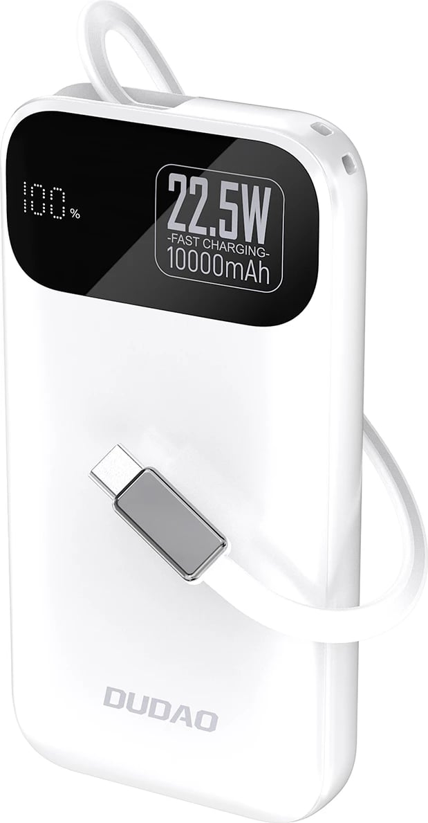 Powerbank Dudao K31, 10000 mAh, 22.5W, me kabllo të integruar, Bardhë