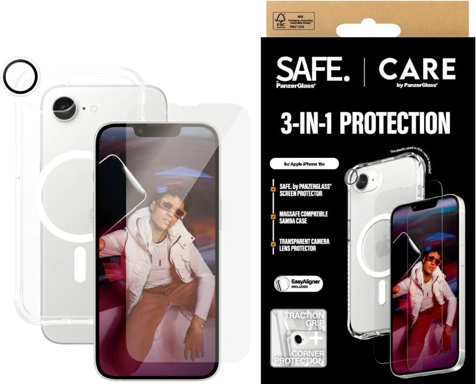 Set mbrojtës 3-në-1 për celular PanzerGlass CARE Fashion, për iPhone 16e, transparent