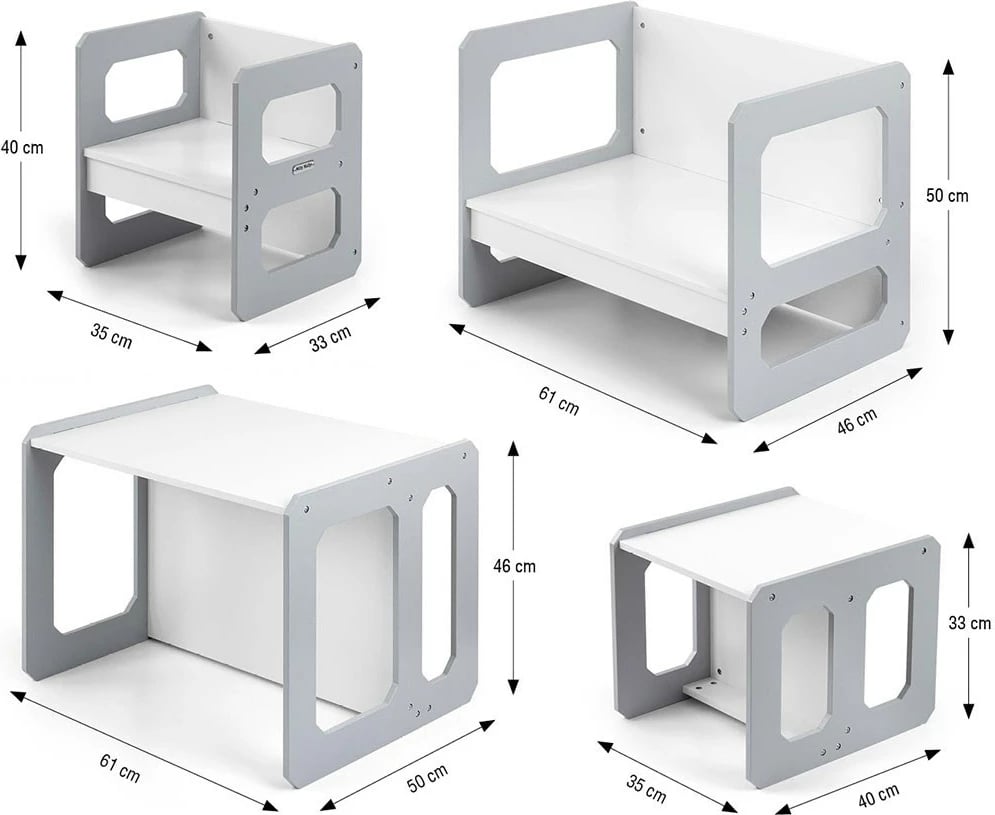Set mobilje fëmijësh 3‑në‑1, Milly Mally, Stella, modulare MDF, tavolinë + karrige, për moshat 3–6 vjeç, gri, set