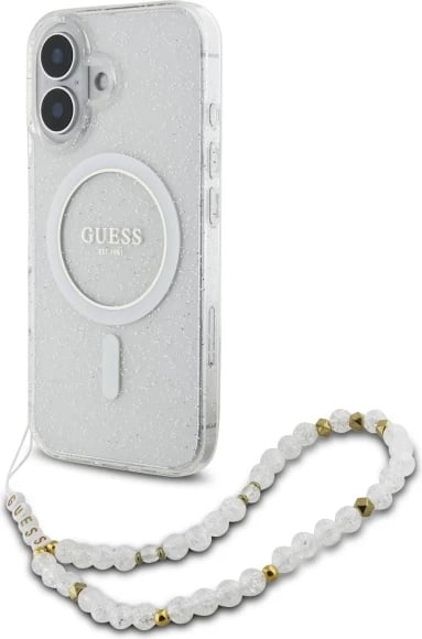 Mbështjellës Guess IML Glitter me rrip perlash MagSafe për iPhone 16 Plus, Transparent