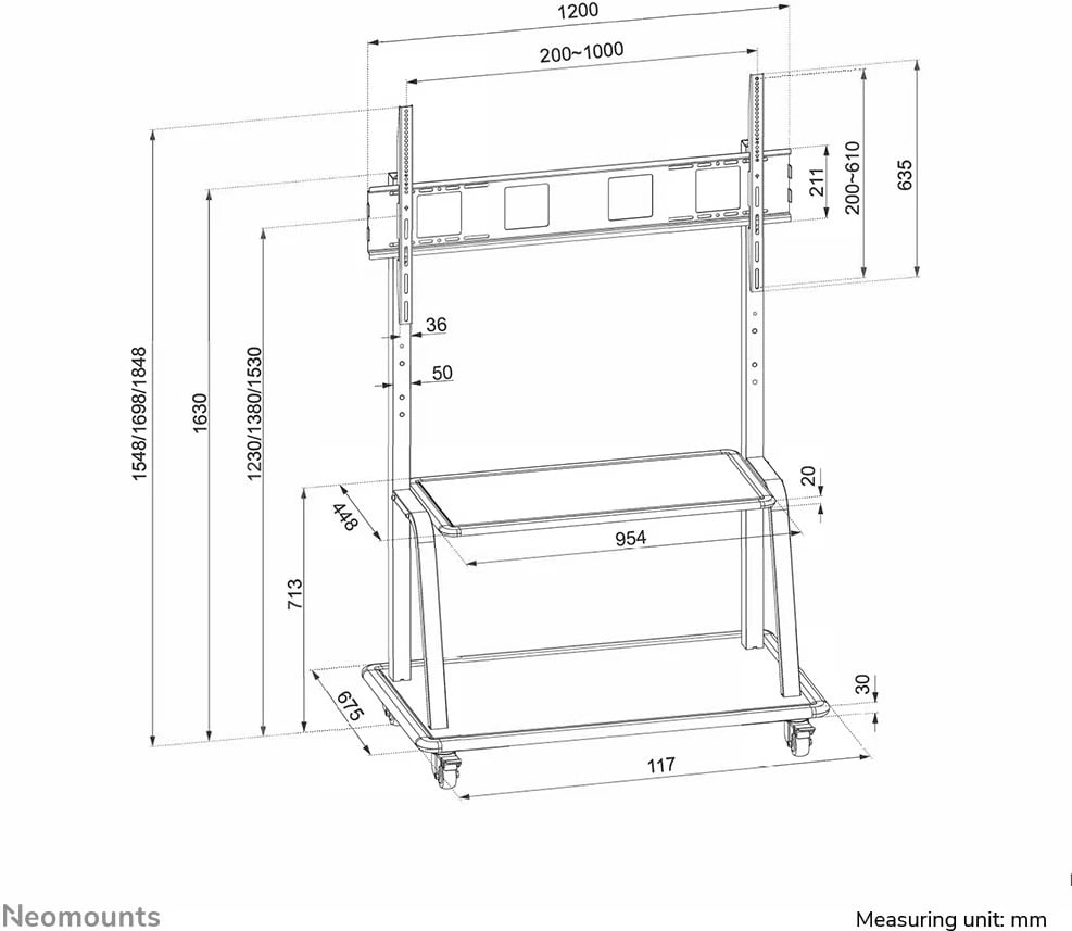 Karrocë TV Neomounts NS-M4000BLACK, 60-105", rregullim lartësie, 150 kg, e zezë