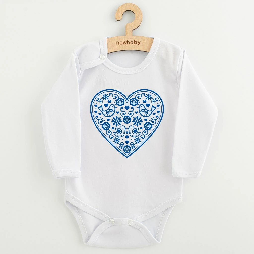 body për bebe, NEW BABY, Folk Pattern Blue Heart, me mëngë të gjata, 100% pambuk, OEKO-TEX, madhësia 56 (0-3m), blu