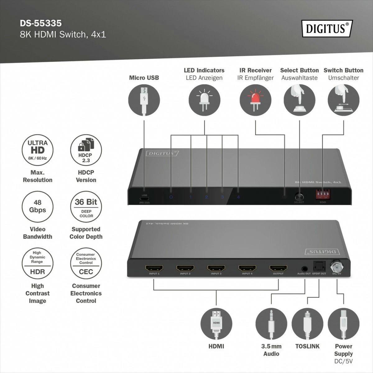 Switch HDMI Digitus DS-55335, 4x1, 8K/60Hz, me telekomandë, i zi