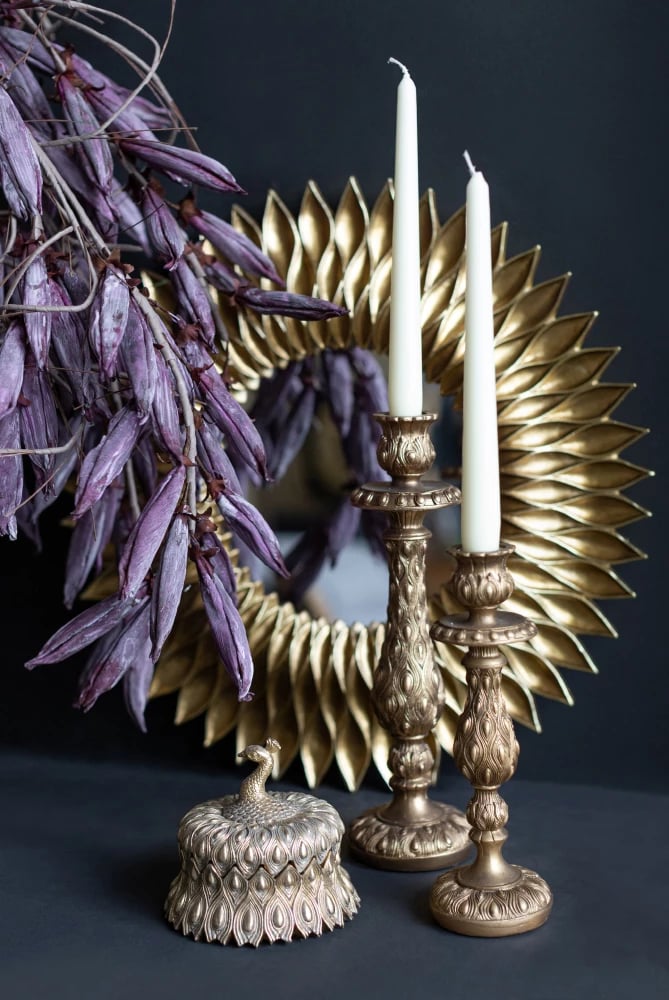 Mbajtëse qirinjsh, model palloi, ngjyrë ari antik, 9x1x25 cm