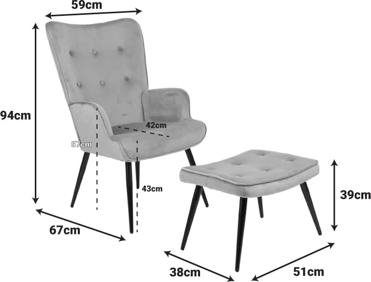 Fotel me puf Siella, kadife e gjelbër e errët, këmbë metalike të zeza, 59x67x94cm