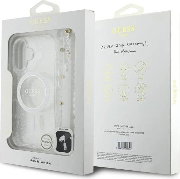 Mbështjellës Guess IML Glitter me rrip perlash MagSafe për iPhone 16 Plus, Transparent