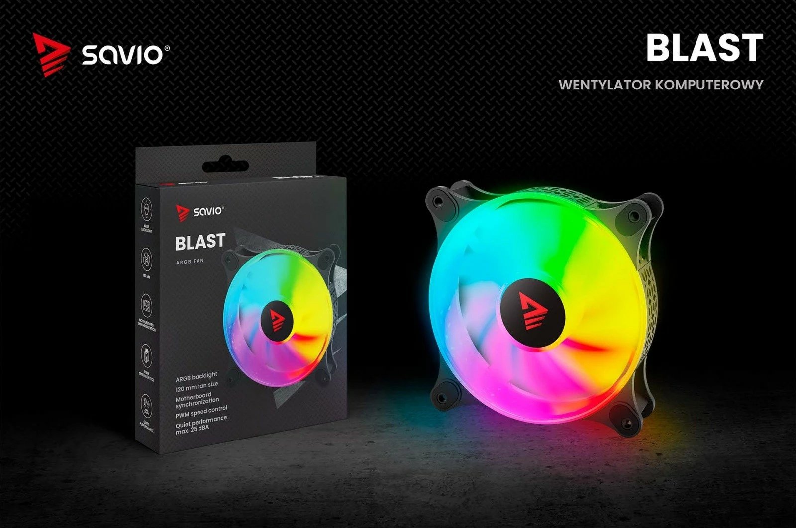 Ventilator kompjuteri Savio BLAST 120mm ARGB, 3-pin 5V, 4-pin 12V, i zi Ventilator kompjuteri Savio BLAST 120mm ARGB, 3-pin 5V, 4-pin 12V, i zi