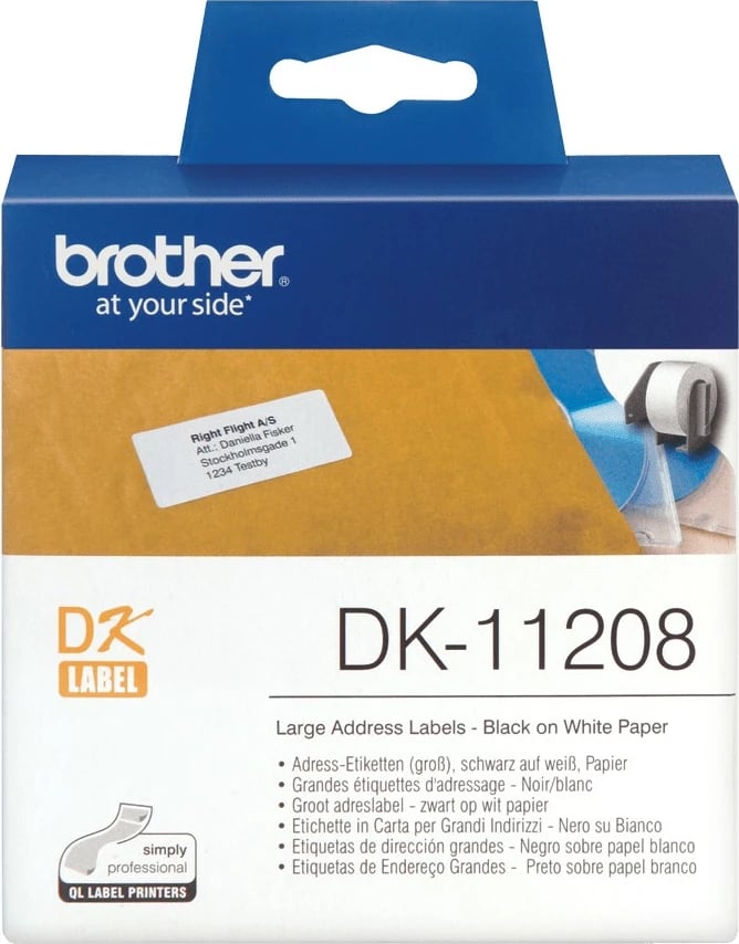 Etiketa adrese Brother DK-11208, 400 copë, bardhë/zi