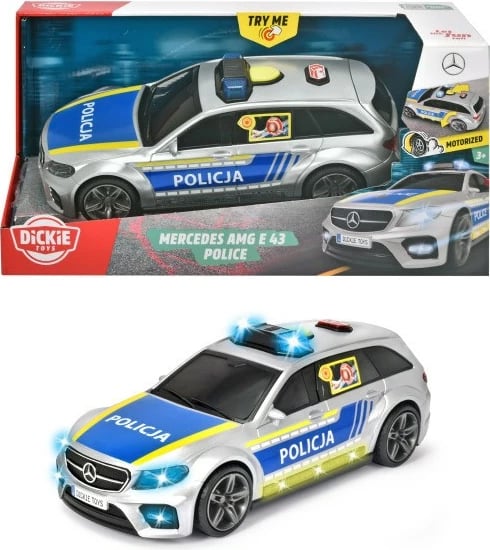 Makine lodër policie Dickie Mercedes-AMG E43, 30 cm, me drita dhe tinguj, argjend/blu/verdhe