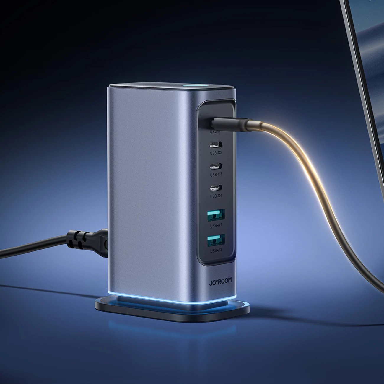Karikues muri Joyroom JR-TCM02, 65W, 4x USB-C, 2x USB-A, GaN, Gri e errët