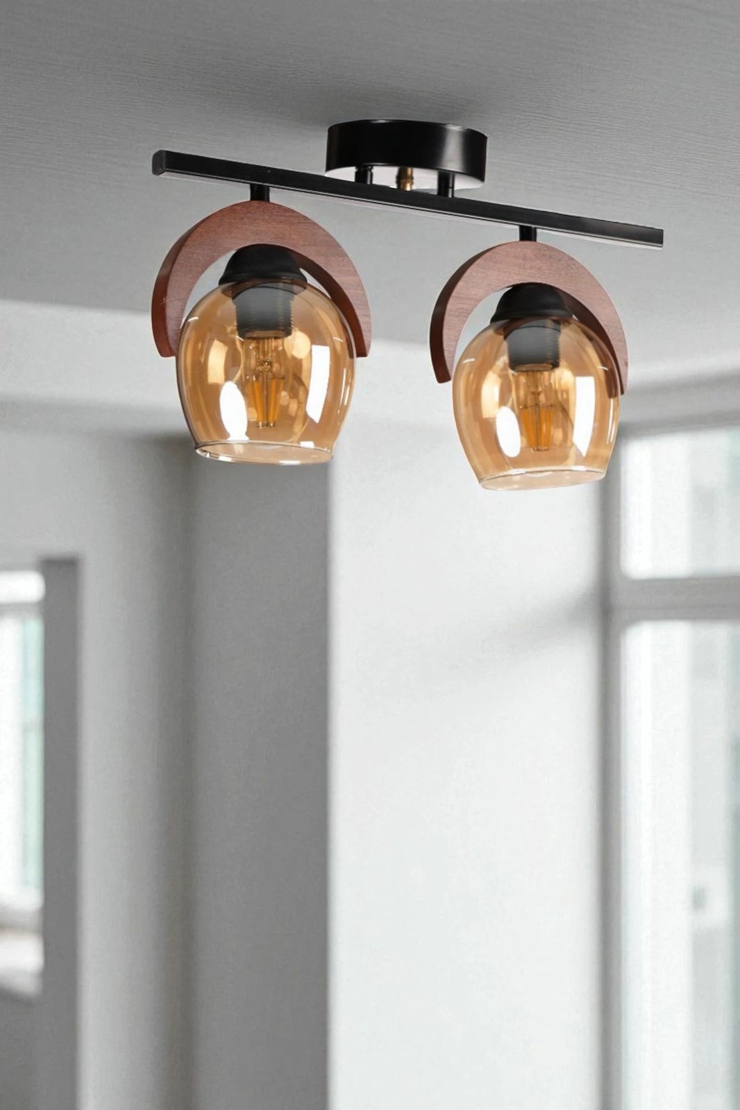 Llambë tavani Opviq, 9003-5, metal dhe dru, ngjyrë mjaltë, arre, e zezë