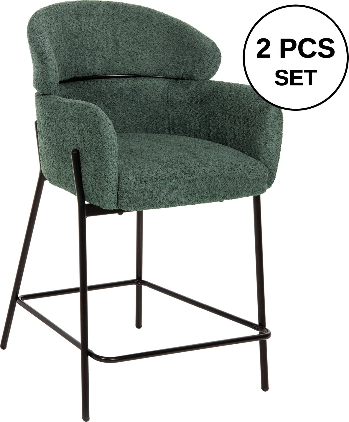 Karrige për bar mesatare WOLF FH8584.03, ngjyrë jeshile petrol, pëlhurë boucle, këmbë metalike të zeza, 56x56x96H cm., set prej 2 copë