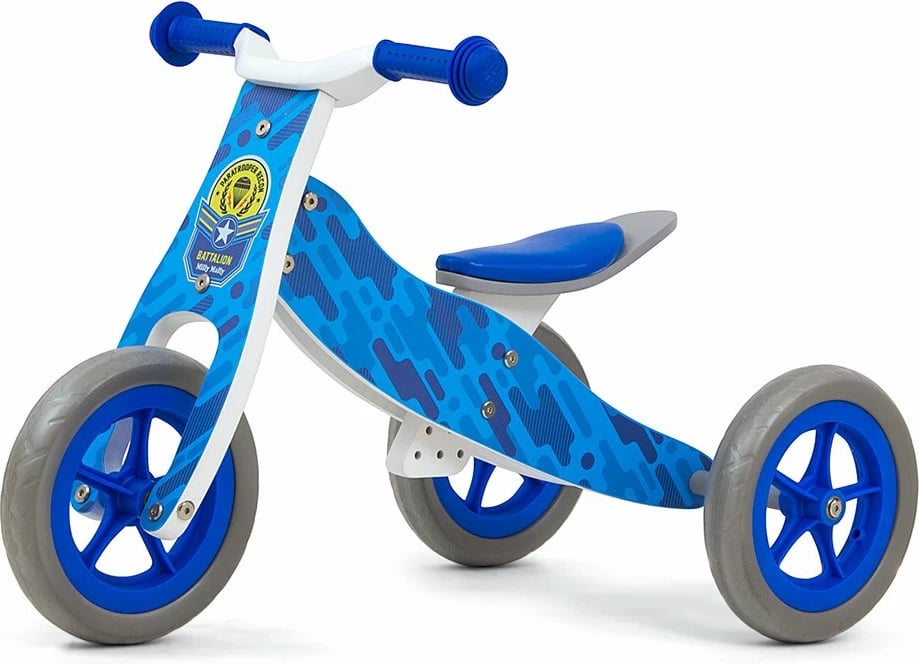 Biçikletë balancuese/tricikël 2n1, Milly Mally, Look, rrota shkumë 9 inç, sedilje e rregullueshme, konstruksion druri, blu