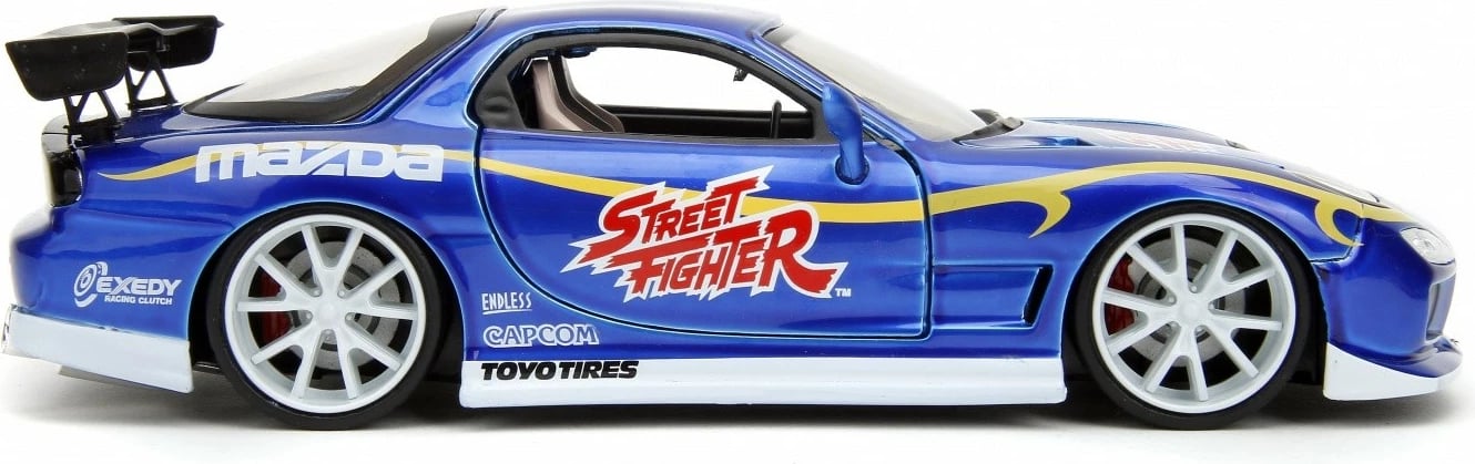 Model makine JADA TOYS Street Fighter 1993 Mazda RX7 1:24 me figurë Chun-Li, Blu, set