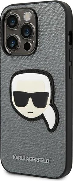 Mbështjellës Karl Lagerfeld KLHCP14XSAPKHG për iPhone 14 Pro Max 6.7", hardcase, Saffiano Karl's Head Patch, argjendtë