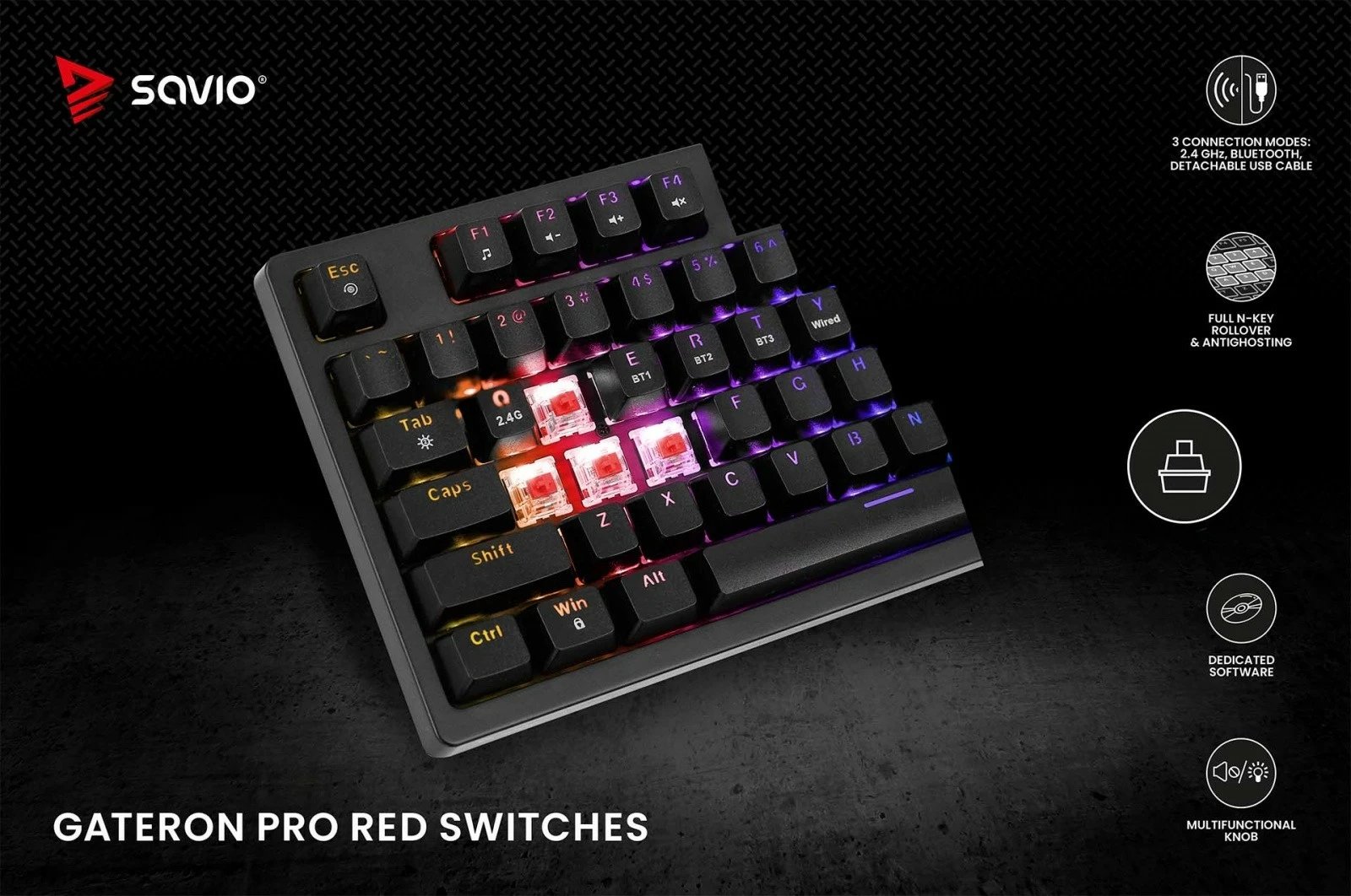 Tastierë mekanike wireless Savio Phenix, Gateron Red Pro, 82 taste, RGB, e zezë Tastierë mekanike wireless Savio Phenix, Gateron Red Pro, 82 taste, RGB, e zezë