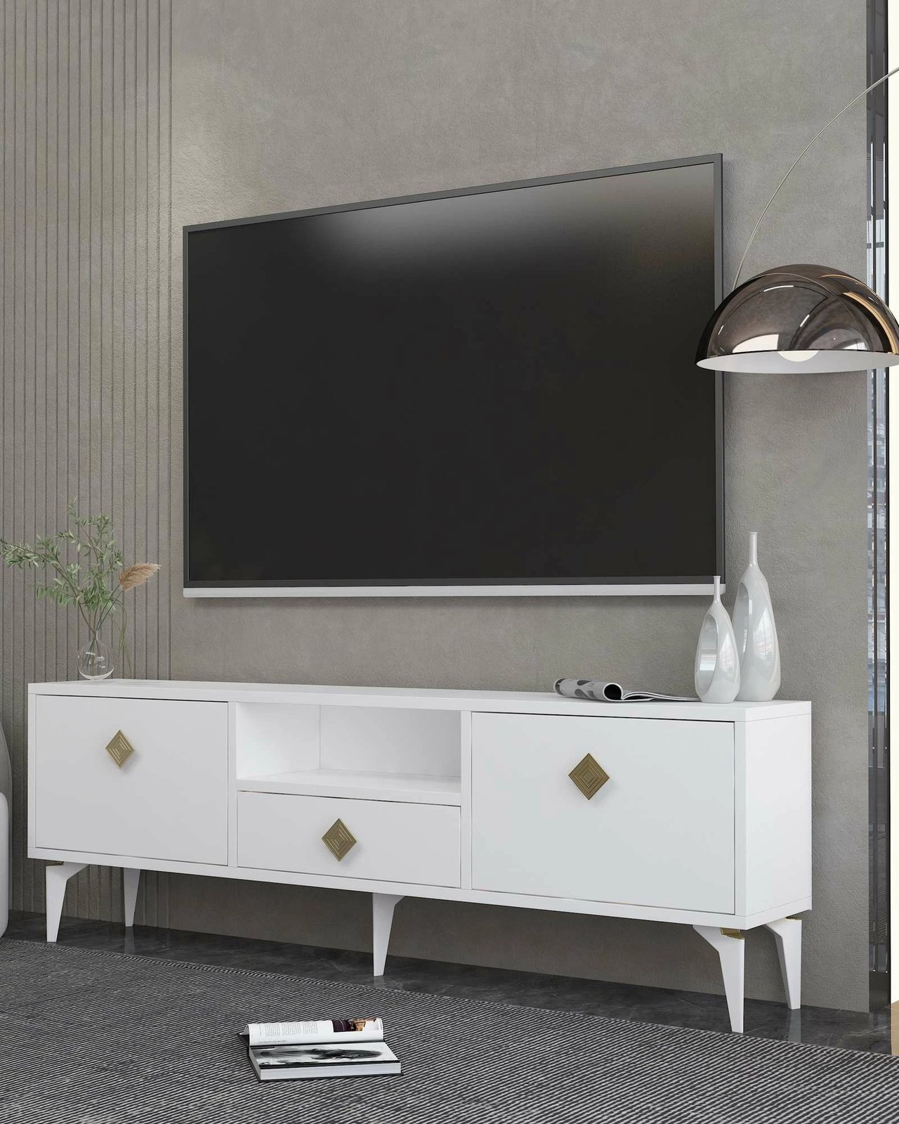 Komodë TV Skye Decor, e bardhë, ari, 1304-DROP-1