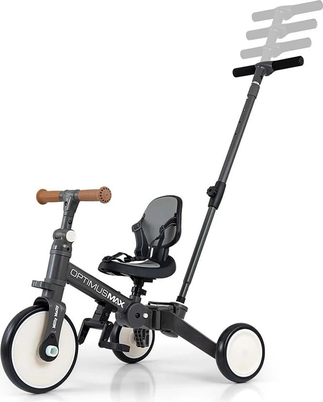 Tricikletë/biçikletë ekuilibri 5‑në‑1, Milly Mally, Optimus Max, dorezë prindi me 4 nivele, rrota shkumë, sedilje e rregullueshme, palosshme, gri e errët