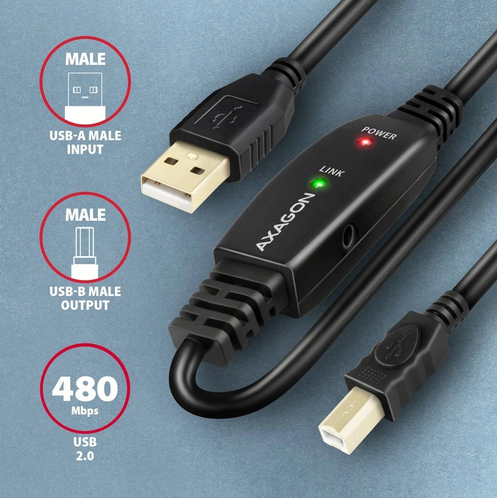 Kabllo aktiv USB 2.0 AXAGON ADR-215B, 15m, i zi