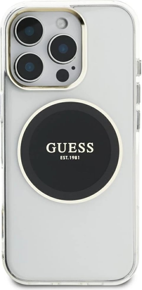 Mbështjellës Guess IML Metal Colored Circle Classic Logo MagSafe për iPhone 16 Pro Max, Zi