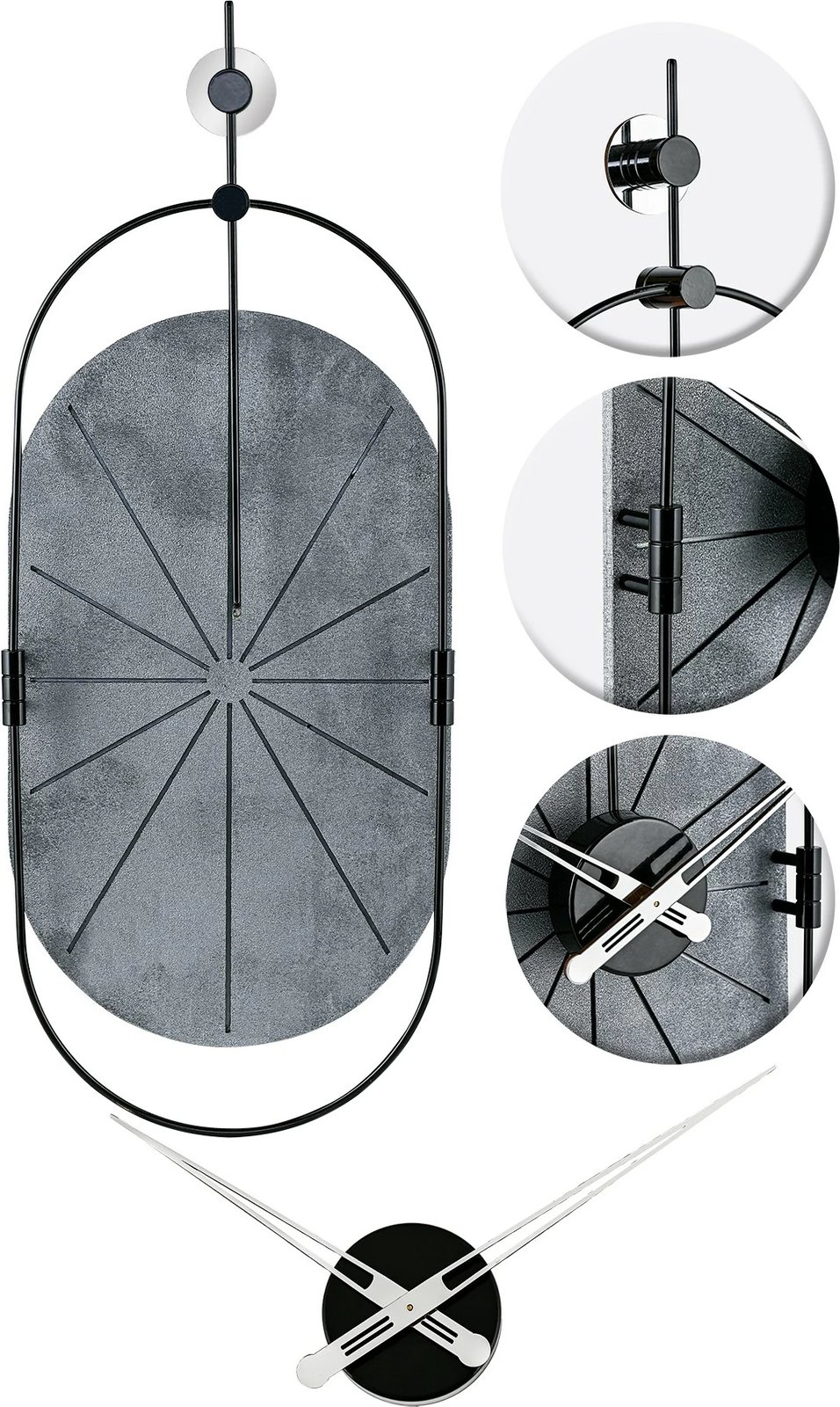 Orë muri dekorative Wallity, metalike, argjend e zezë, 77x29cm