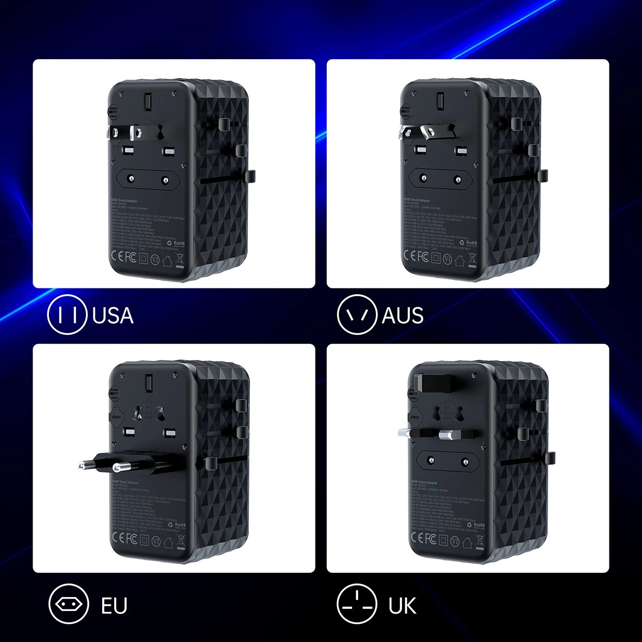 Adapter udhëtimi Choetech PD6028, 4 porta USB (2x USB-C, 2x USB-A), 100W, i zi