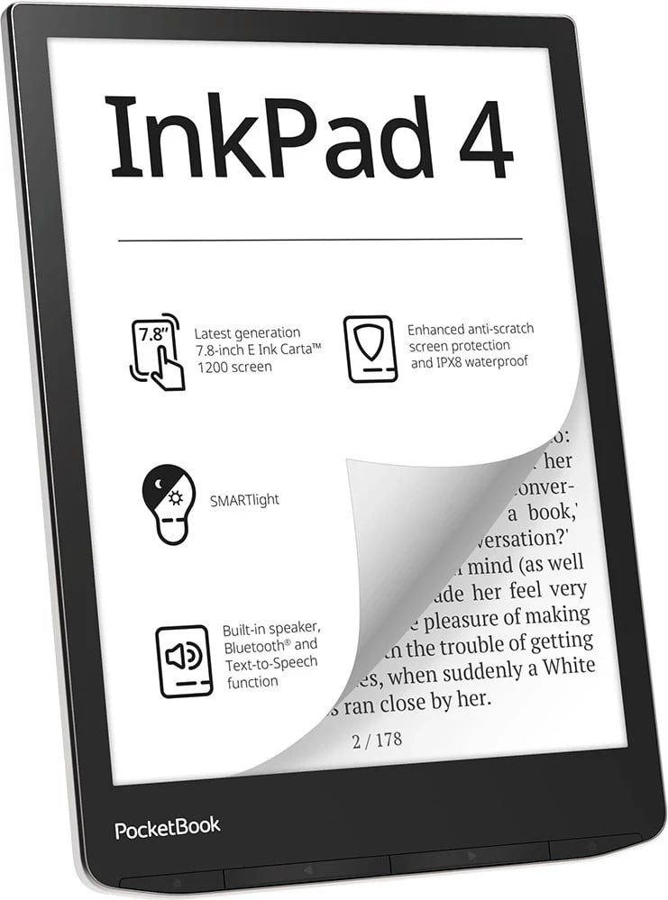 Lexuesi i librit elektronik PocketBook InkPad 4, Prekës, 32 GB Wi-Fi, i Zi dhe Argjendtë