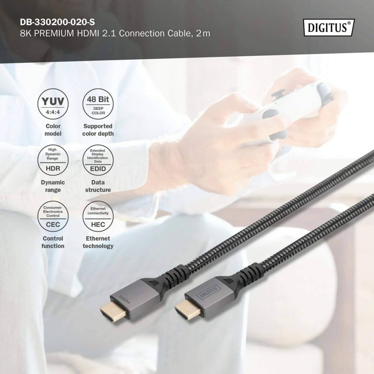 Kabllo HDMI Digitus DB-330200-020-S Ultra High Speed 2m, 8K, E zezë/Gri
