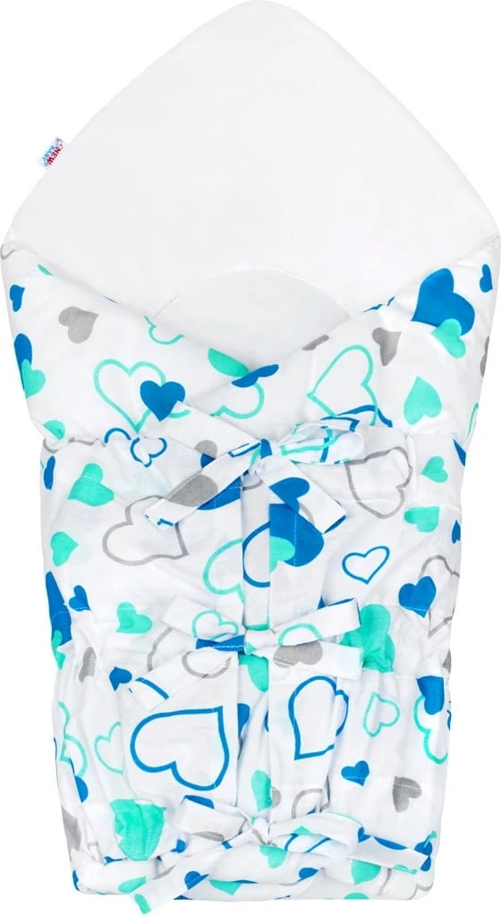 Mbështjellëse për bebe me lidhëse, New Baby, Blue Hearts klasik, 70x70 cm, pambuk 100% me mbushje anti-alergjike, blu