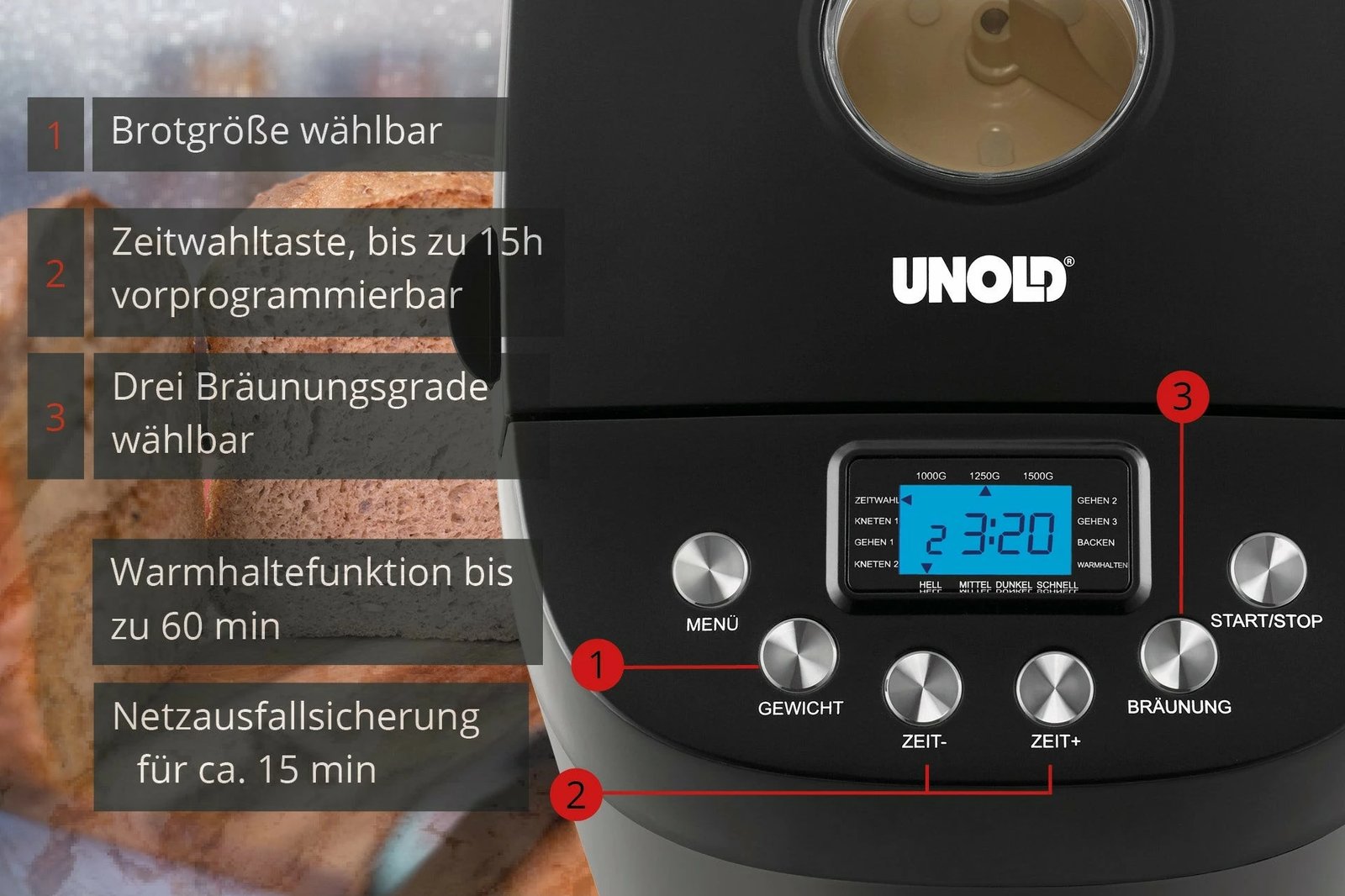 Makine buke UNOLD Backmeister Big, 1.5 kg, dritare shikimi, timer, kontroll variabel i ngjyrës së koreve, funksion mbajtje ngrohtë, 850 W