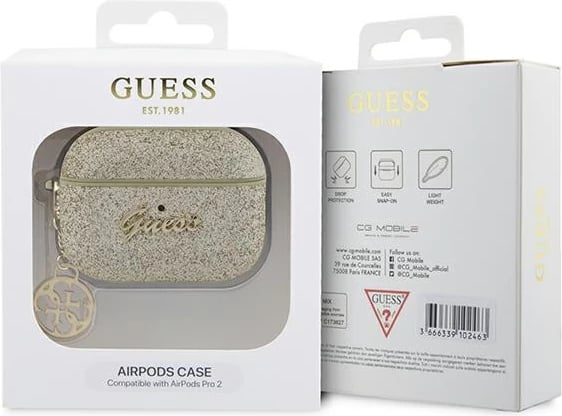 Mbështjellës Guess 4G Glitter Flake për AirPods Pro 2, me karabinë, Ari