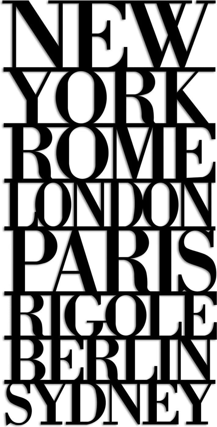 Aksesor dekorativ metalik për mur, Wallity, emrat e kryeqyteteve, ngjyrë e zezë, 57x28cm