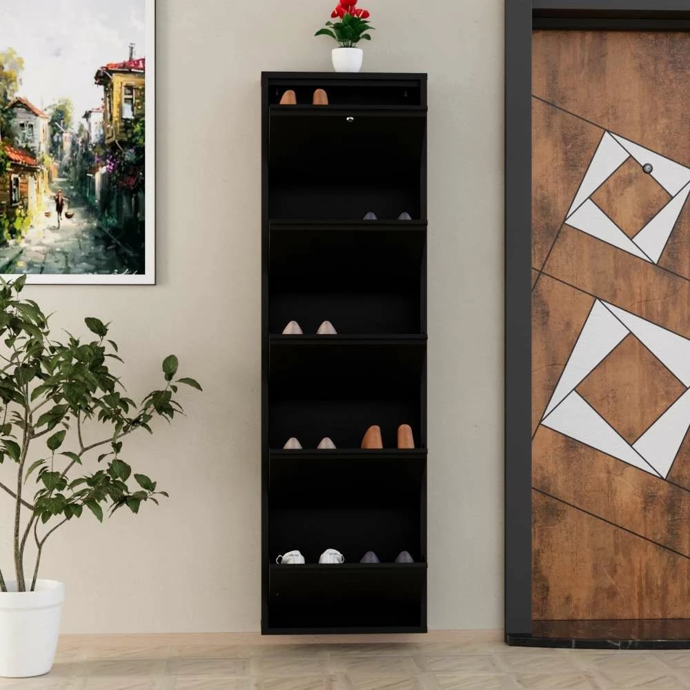 Dollap këpucësh Skye Decor, metal, 5 pjesë, ngjyrë e zezë, me kyç