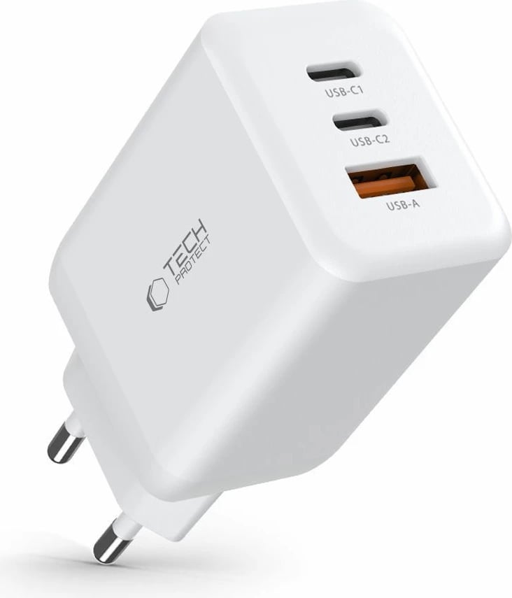 Karikues rrjeti Tech-Protect C65W, 2x USB-C PD 65W / USB-A QC 3.0, Bardhë