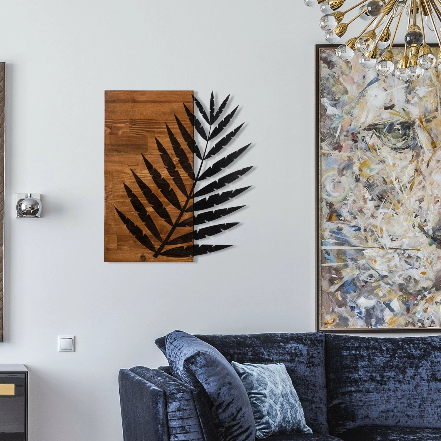 Aksesor dekorativ për mur, dru dhe metal, Wallity Leaf3, ngjyrë e zezë dhe arre, 50x58cm