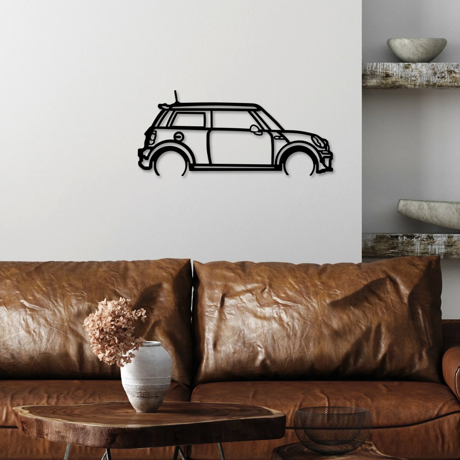 Aksesor dekorativ metalik për mur, Wallity, Mini Cooper, ngjyrë e zezë, 73x33cm