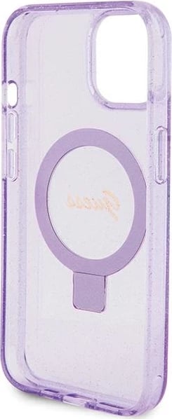 Mbështjellës Guess Ring Stand Script Glitter MagSafe për iPhone 15 Plus / 14 Plus, vjollcë