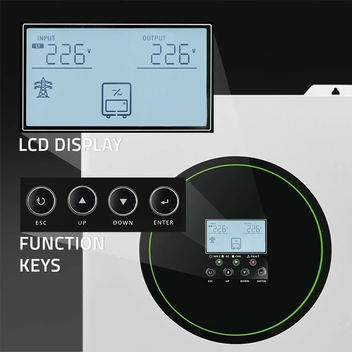 Inverter solar hibrid Qoltec 53862, 11000W, 160A, 48V, MPPT, BMS, Sinus, Wi-Fi, Gjelbër/Bardhë