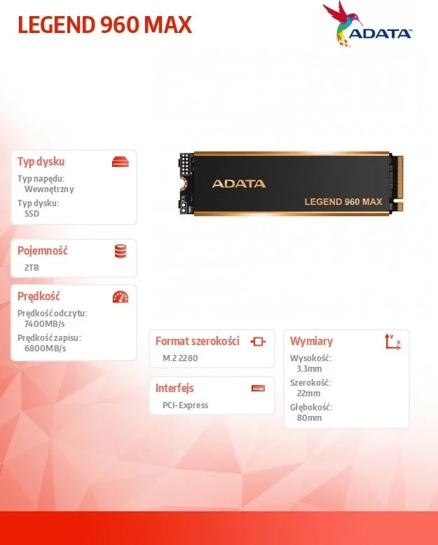 SSD Adata LEGEND 960 MAX, 2TB, M.2 2280, PCIe 4x4, i zi