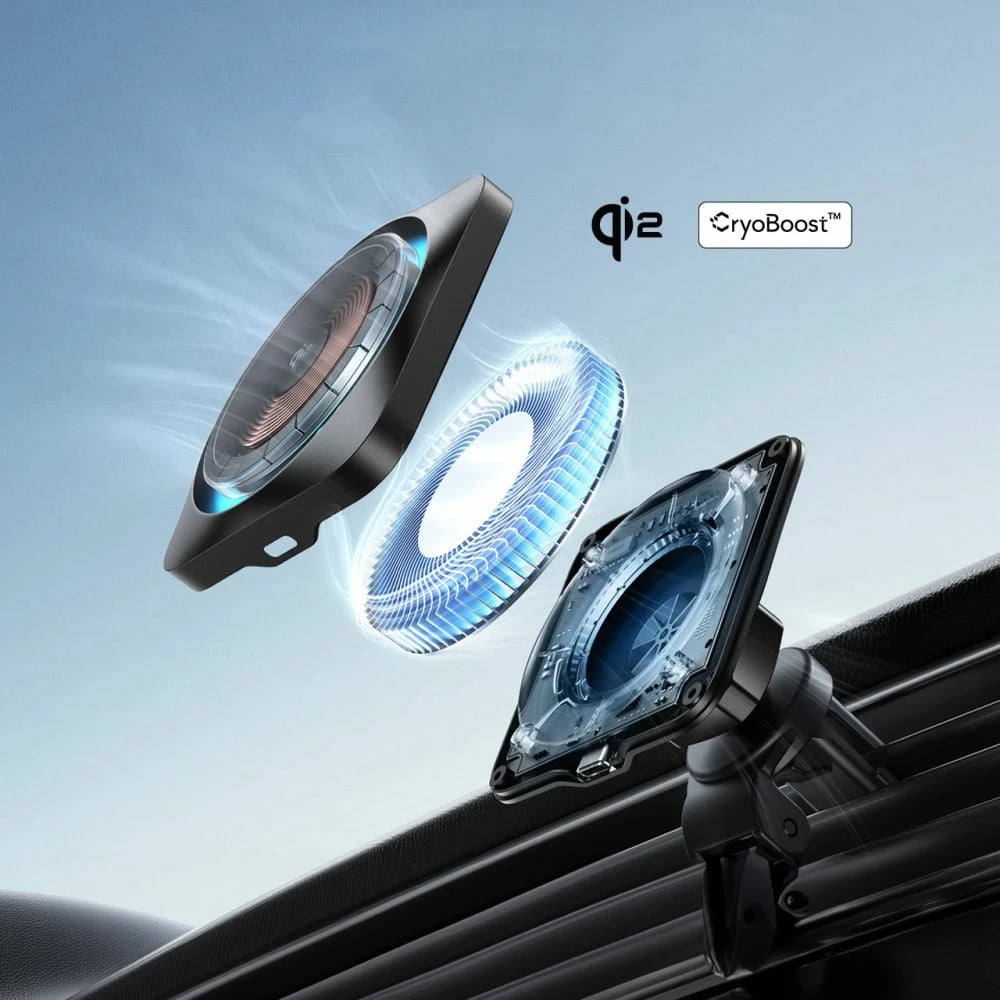 Mbajtës dhe karikues wireless ESR HaloLock CryoBoost MagSafe për veturë, Qi2 15W, i zi