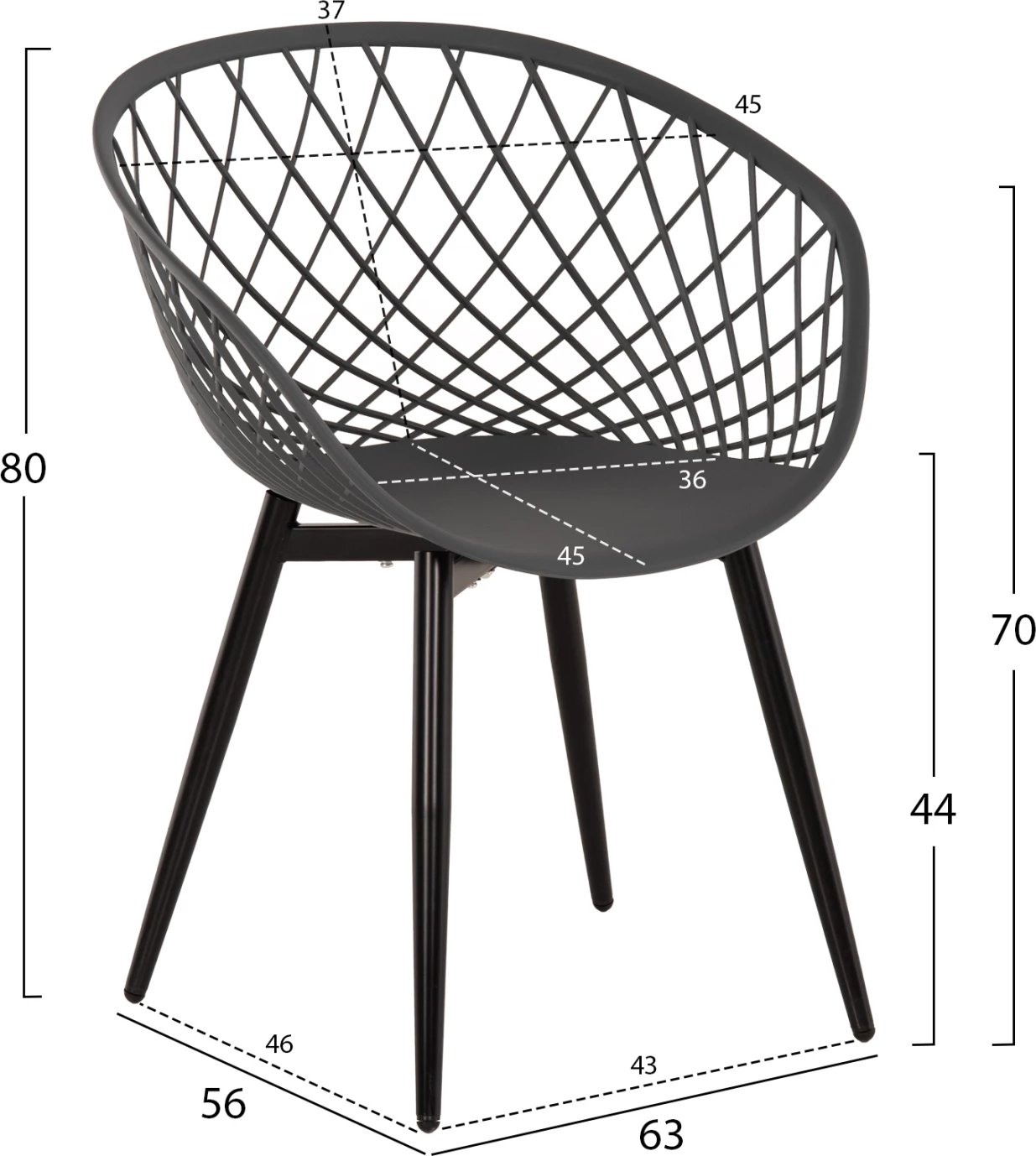 Karrige me krahë ARIADNE FH8001.30, ngjyrë gri, polipropilenë, këmbë metali të zeza, 63x56x80H cm, set prej 4 copë