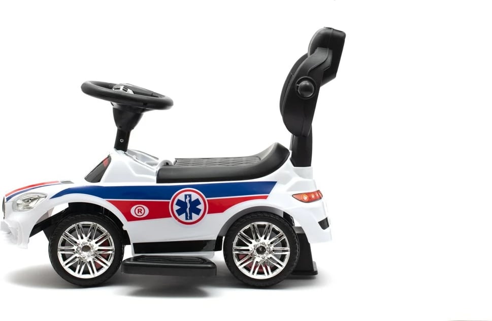 makinë shtytëse (ride-on), Baby Mix, AMBULANCE, me panel zëri dhe shufër drejtimi, rrota të përparme rrotulluese, 12m+, ngarkesë 25 kg, e bardhë